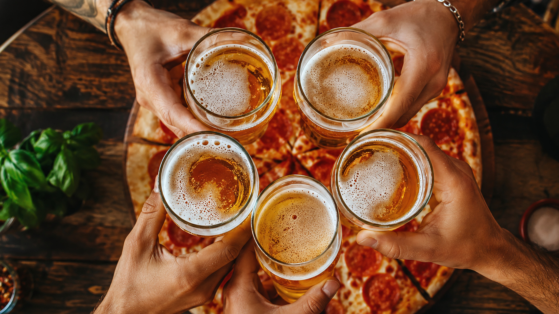 Five hands cheering beers over a pizza