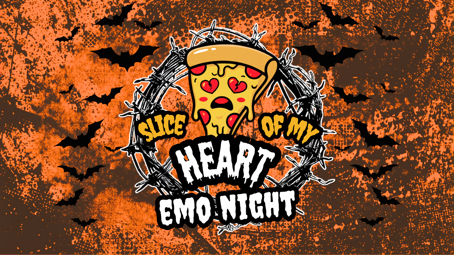 Slice of my heart emo night. Pizza with heart eyes over orange halloween background