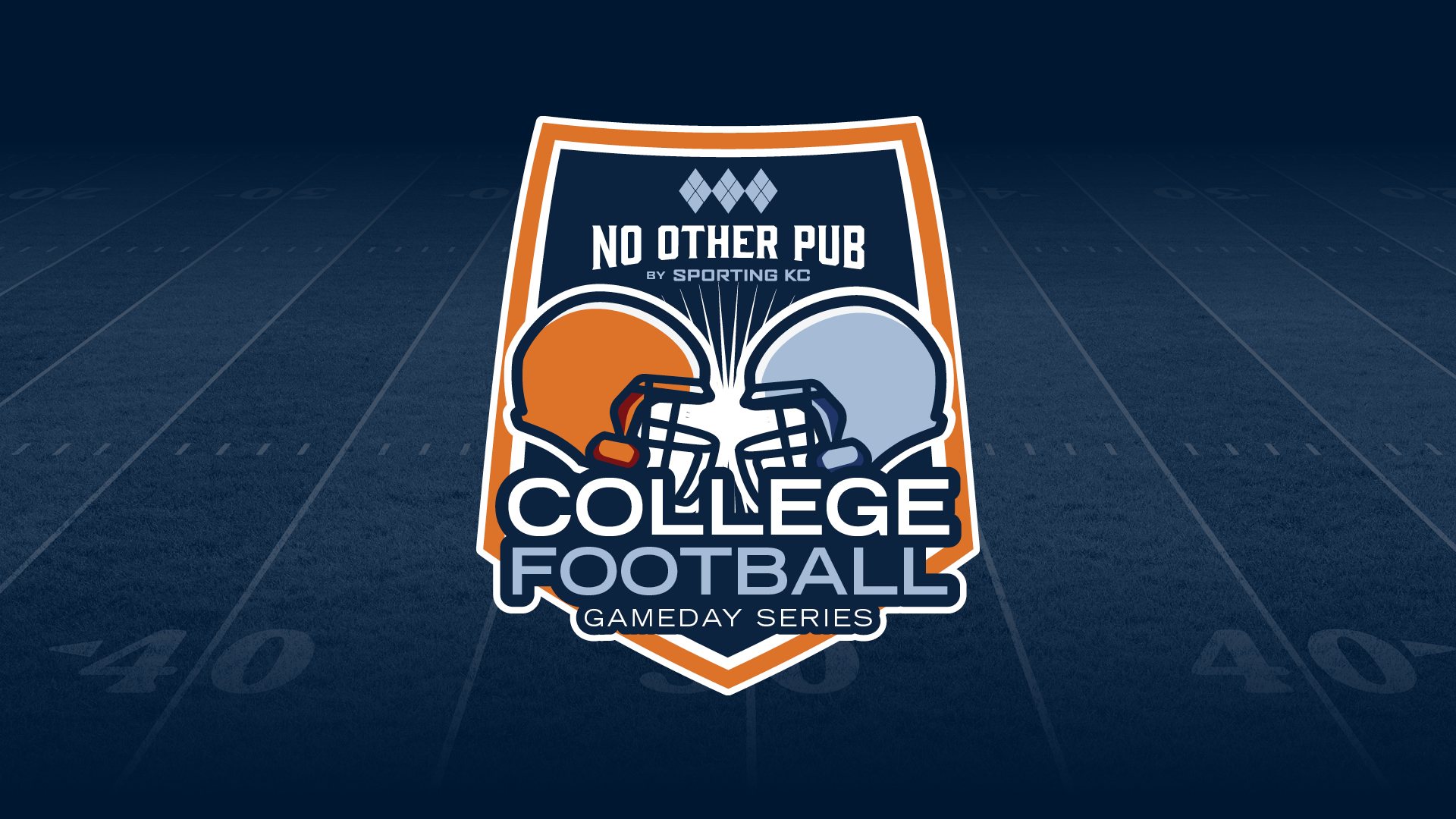 Orange football helmet and blue football helmet with a football field background on a flyer for College Football Game Day at No Other Pub