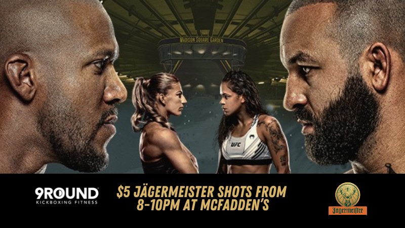 UFC 334 $5 jagermeister shots from 8-10PM at Mcfadden's. Images of four fighters