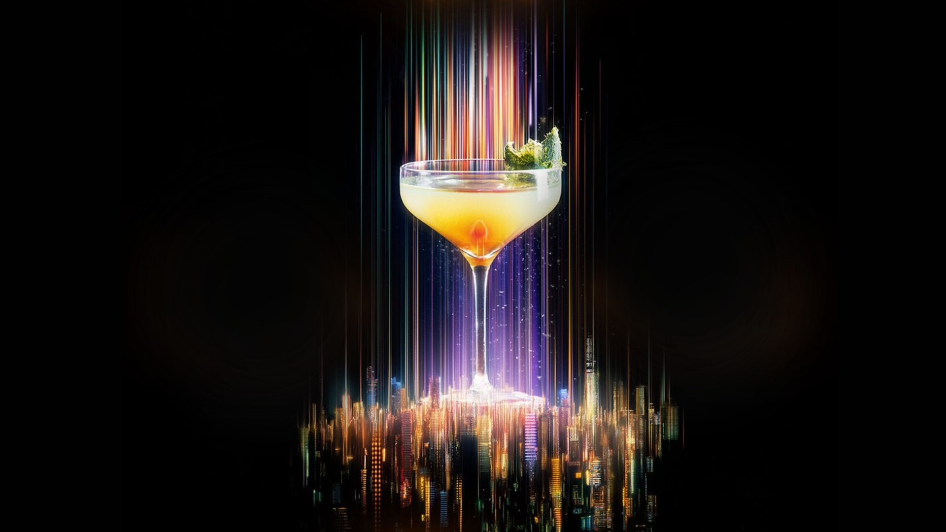 Cocktail surrounded by vibrant downtown imagery