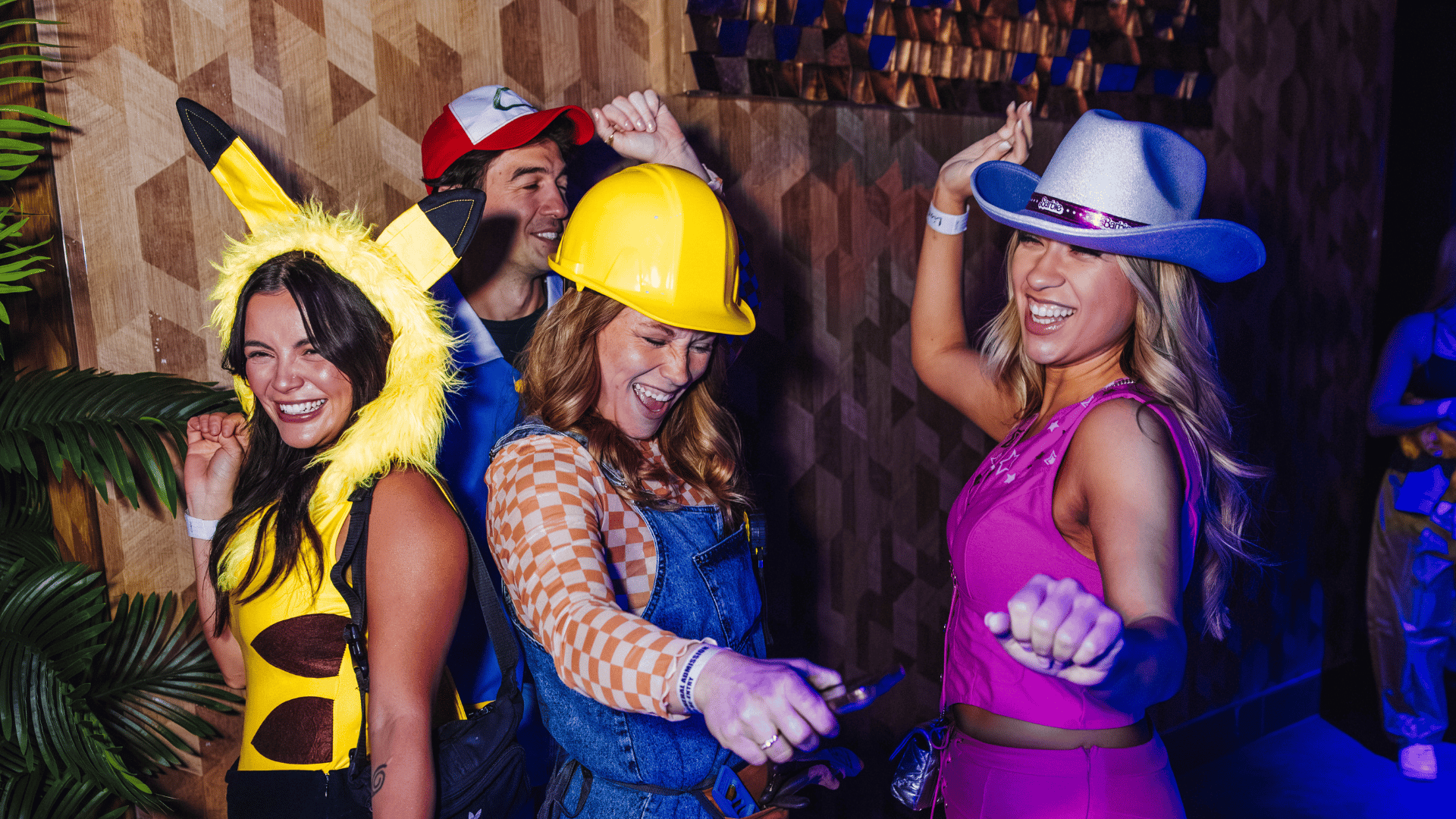 Group at Mosaic during End of Days, dressed as Pikachu, Barbie, and Bob the Builder