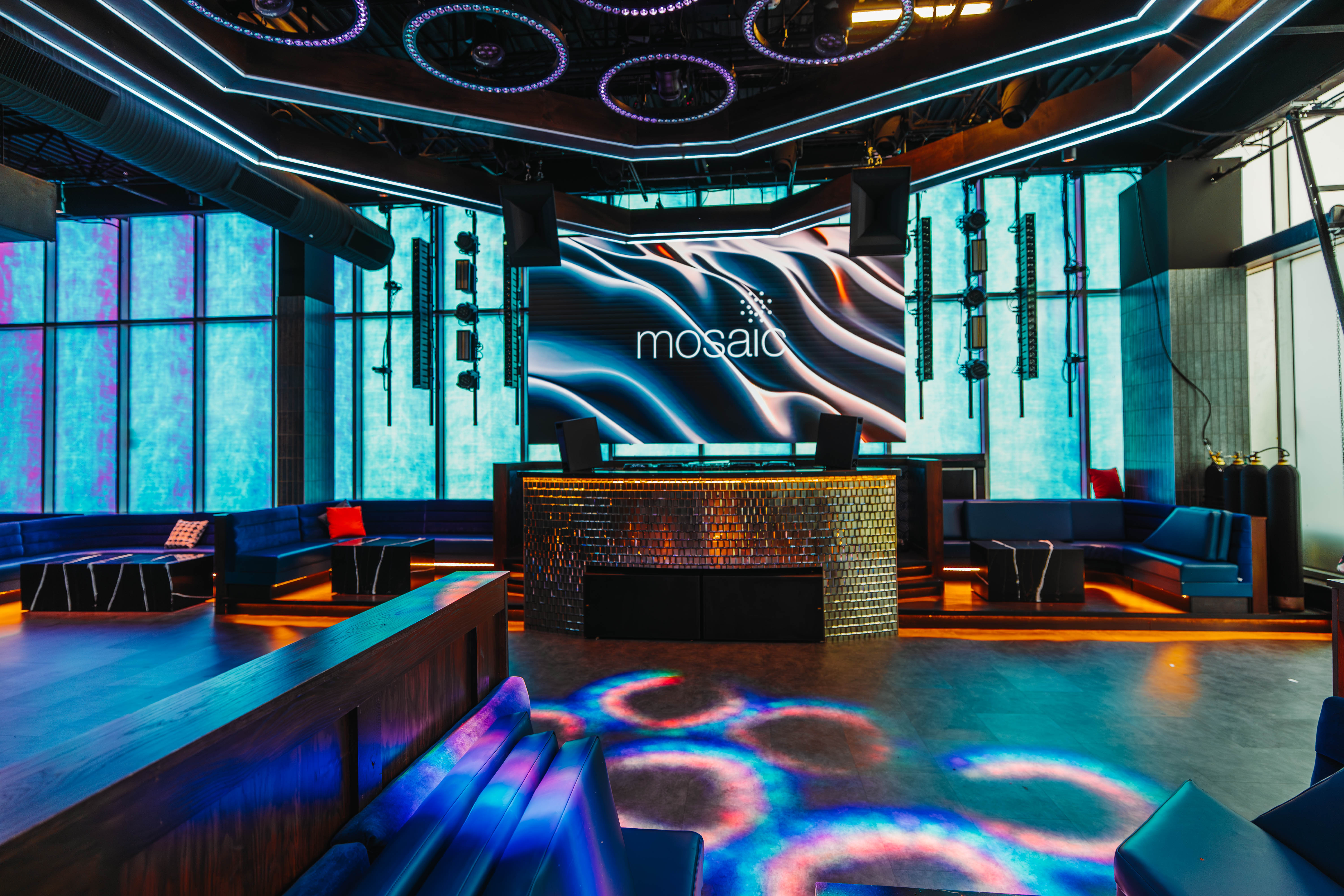 Mosaic's Dance floor, without guests, showcasing AV capabilities