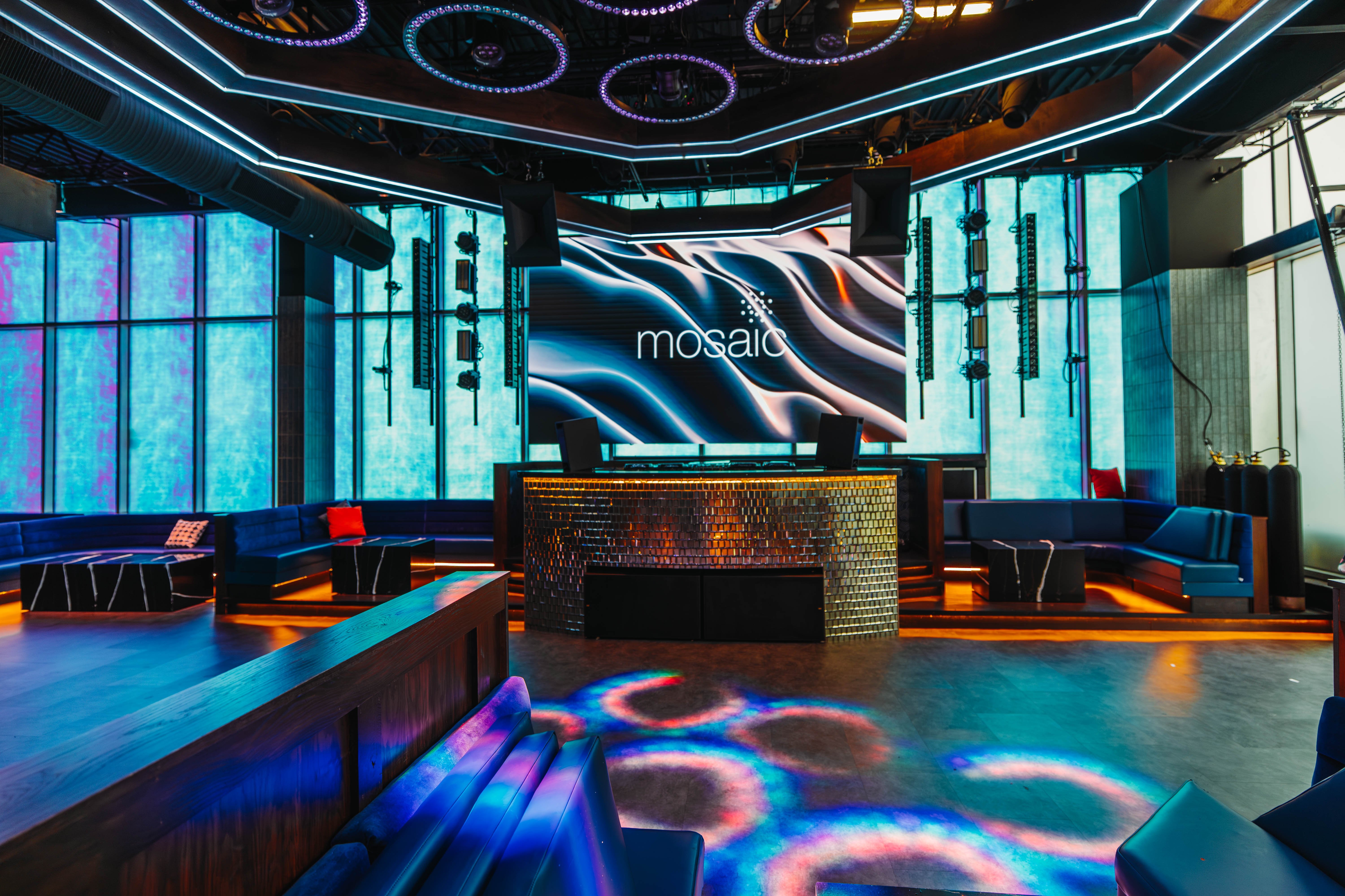 Mosaic's Dance floor, without guests, showcasing AV capabilities