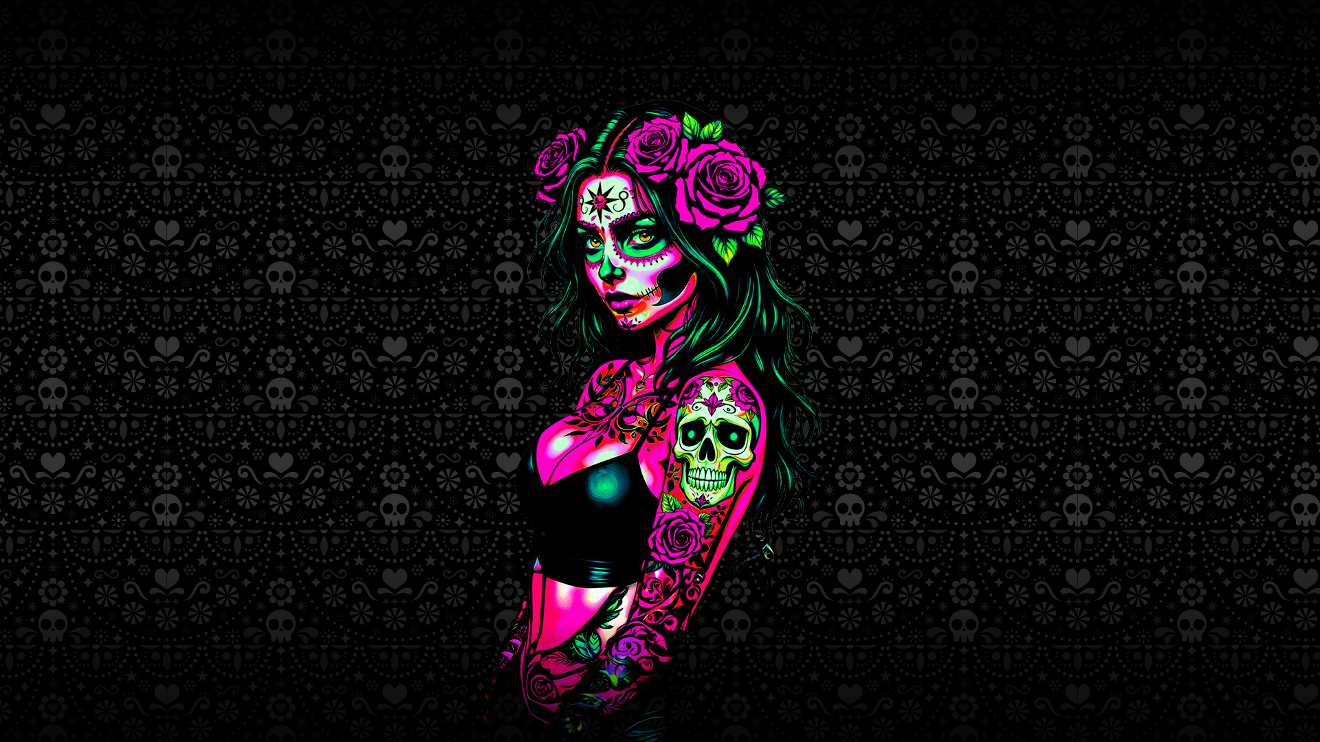 Event teaser graphic displaying an attractive woman wearing sugarskull makeup, resembling 'la catrina' in vibrant neon colors.