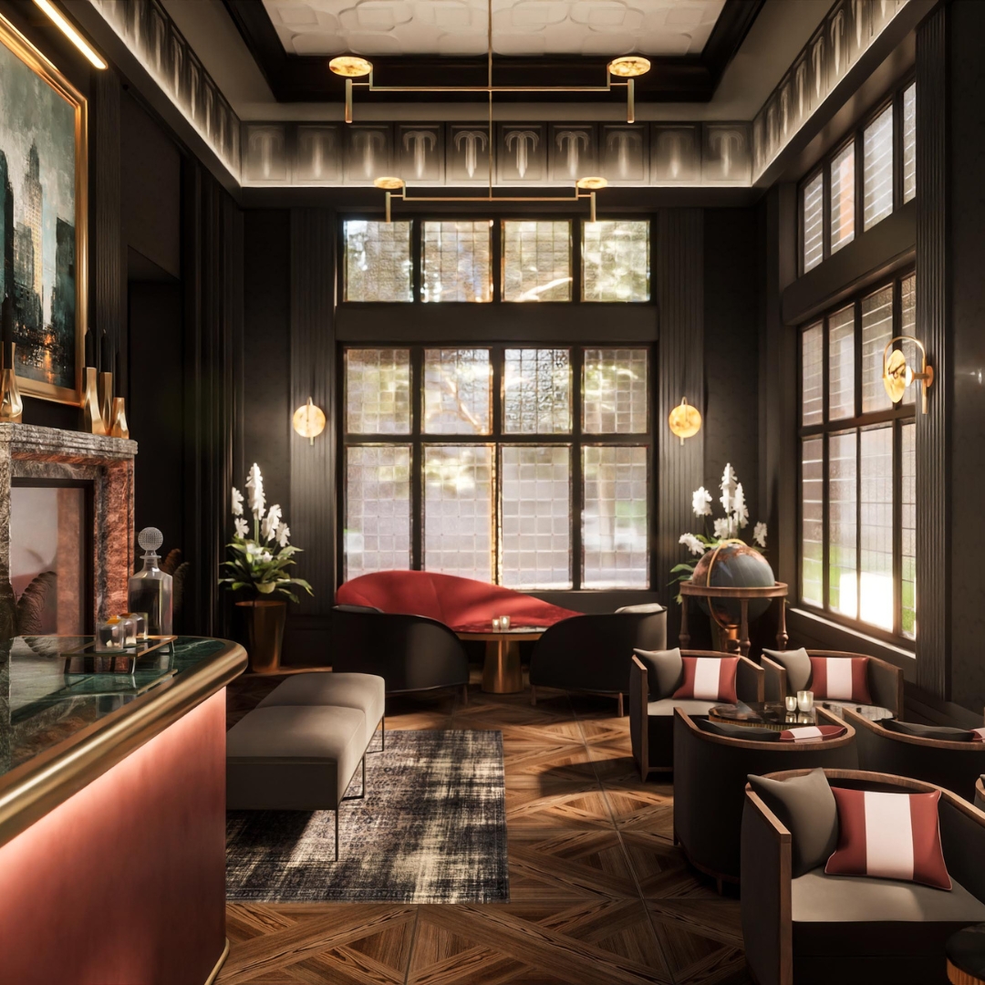 Lounge seating, couches, and floor-to-ceiling windows in the study room at The Residence.