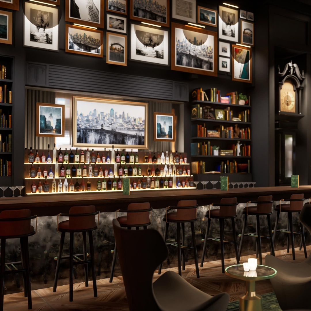 A dimly lit fully stocked bar.