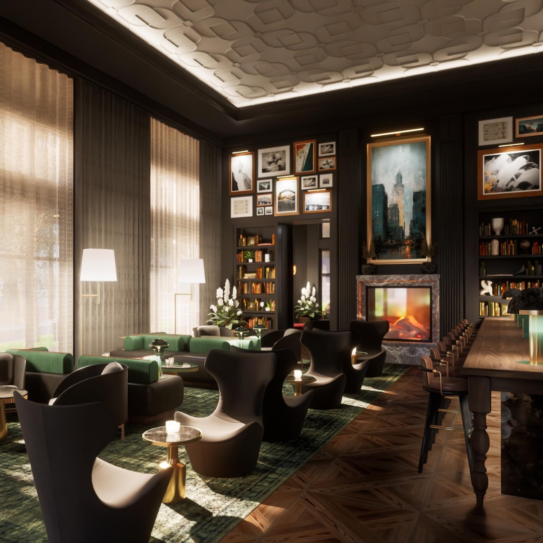Lounge seating, couches, and floor-to-ceiling windows in the study room at The Residence.