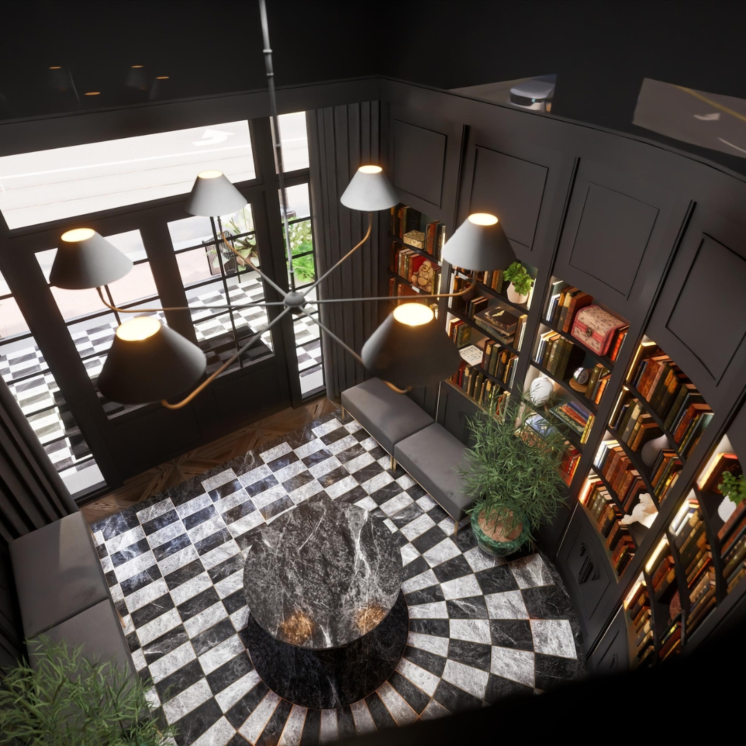 The interior of The Residence featuring chandelier lighting, bookshelves, and tile floor.