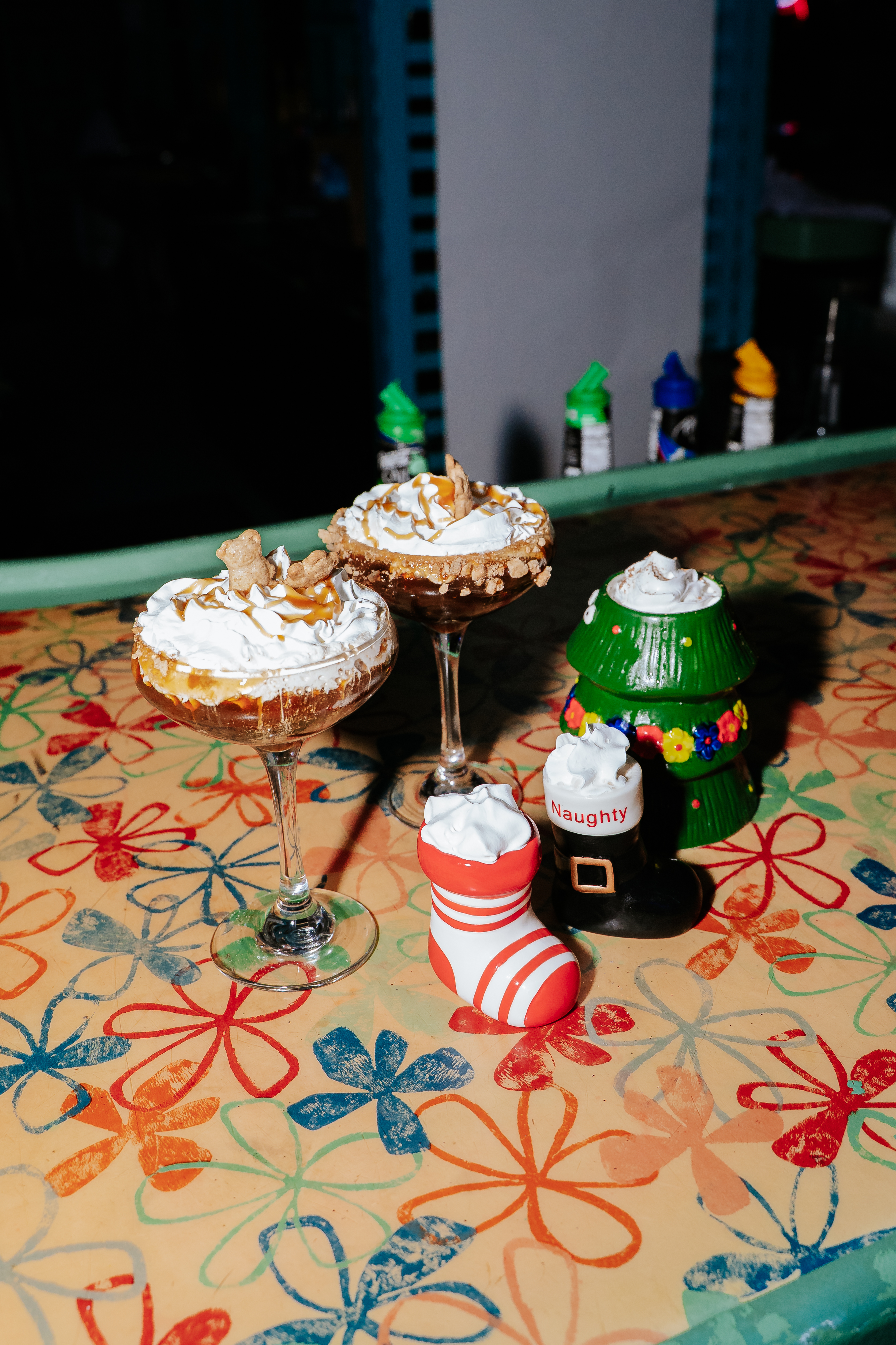 Festive, holiday-themed cocktails at Tinsel Tavern.