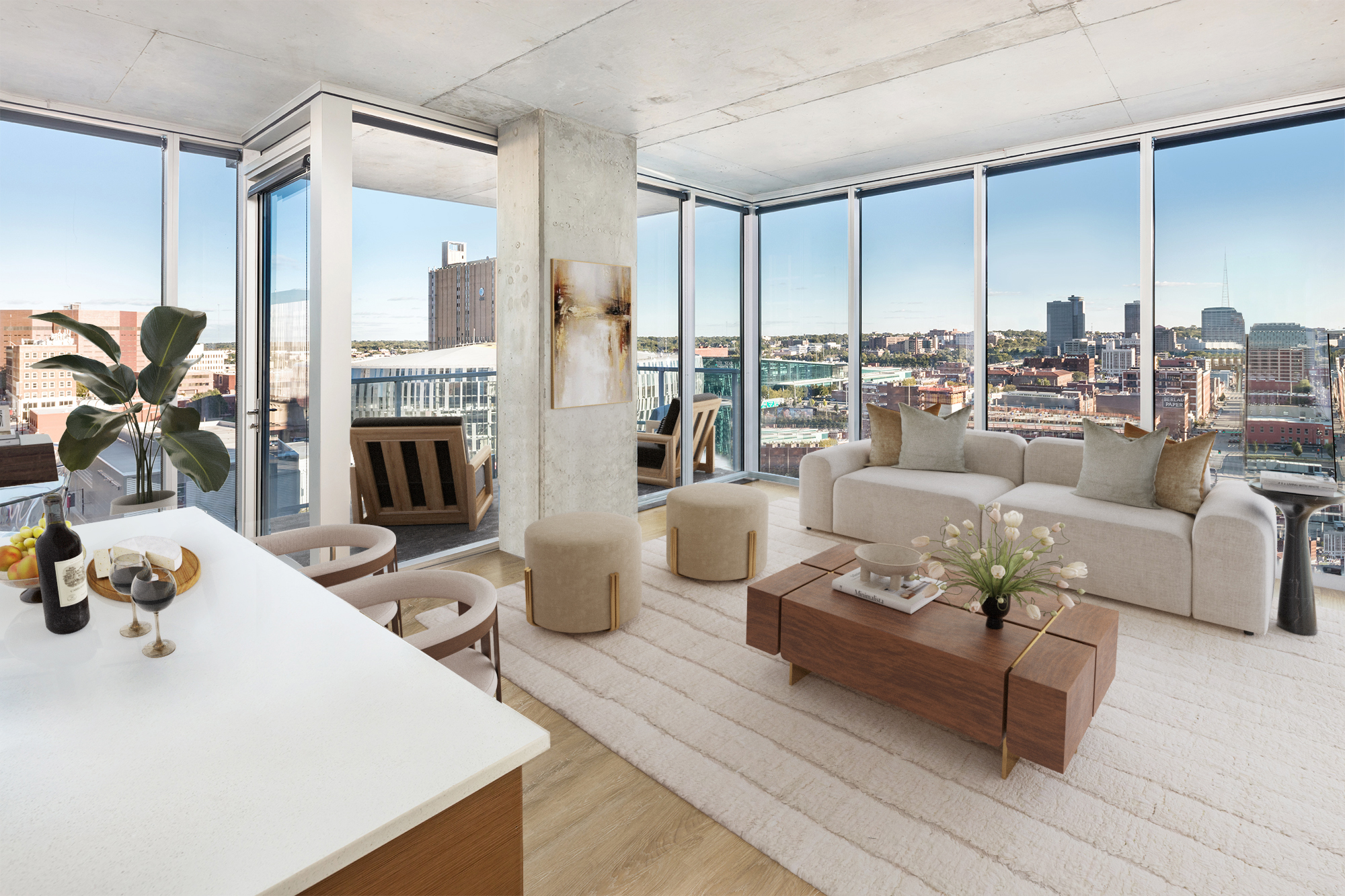 Furnished living room of One Light luxury apartment with floor-to-ceiling windows and city views.