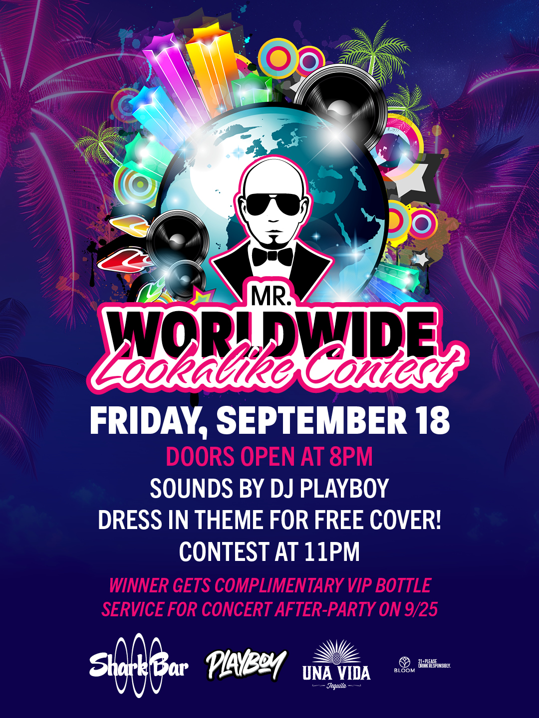 Event information graphic: Doors open at 8PM, Contest at 11PM, Winner gets VIP Bottle Service for 9/25 concert afterparty