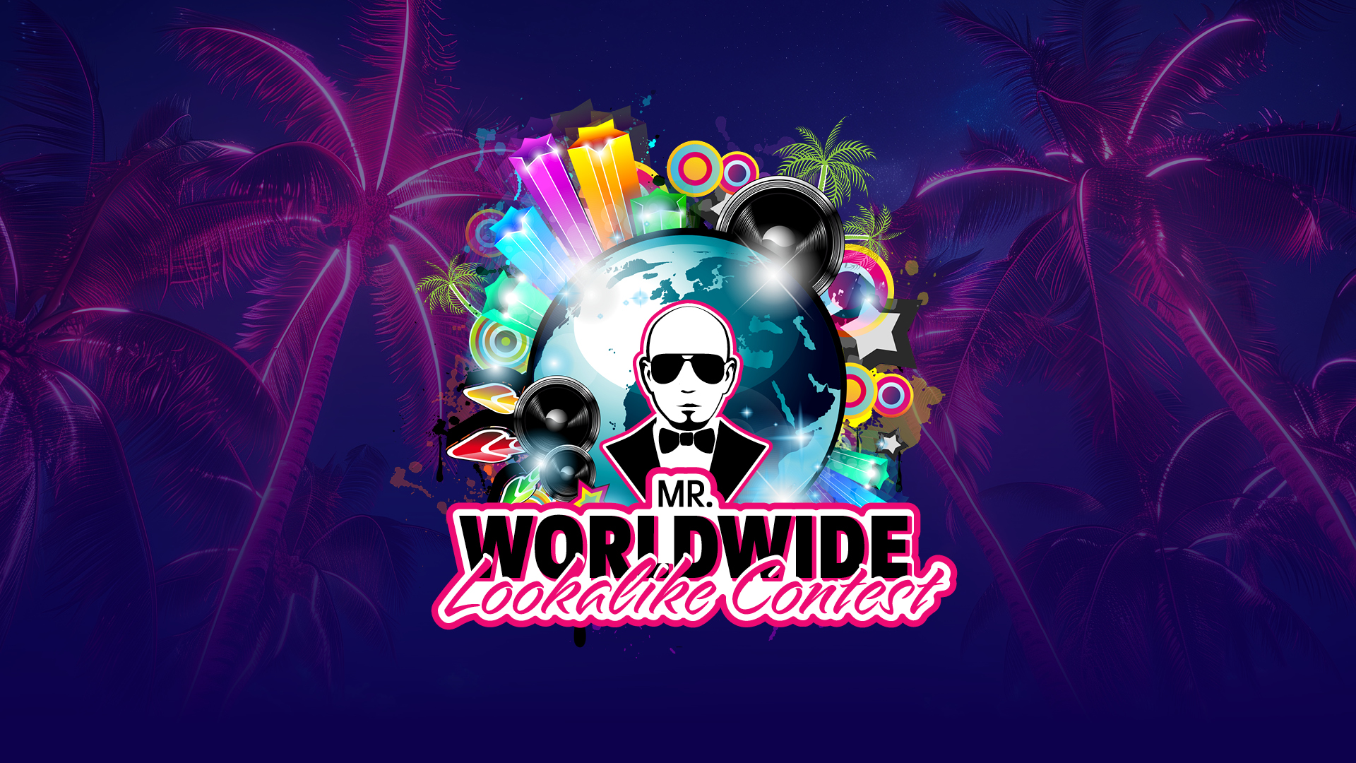 Mr Worldwide party graphic - miami aesthetic with a globe
