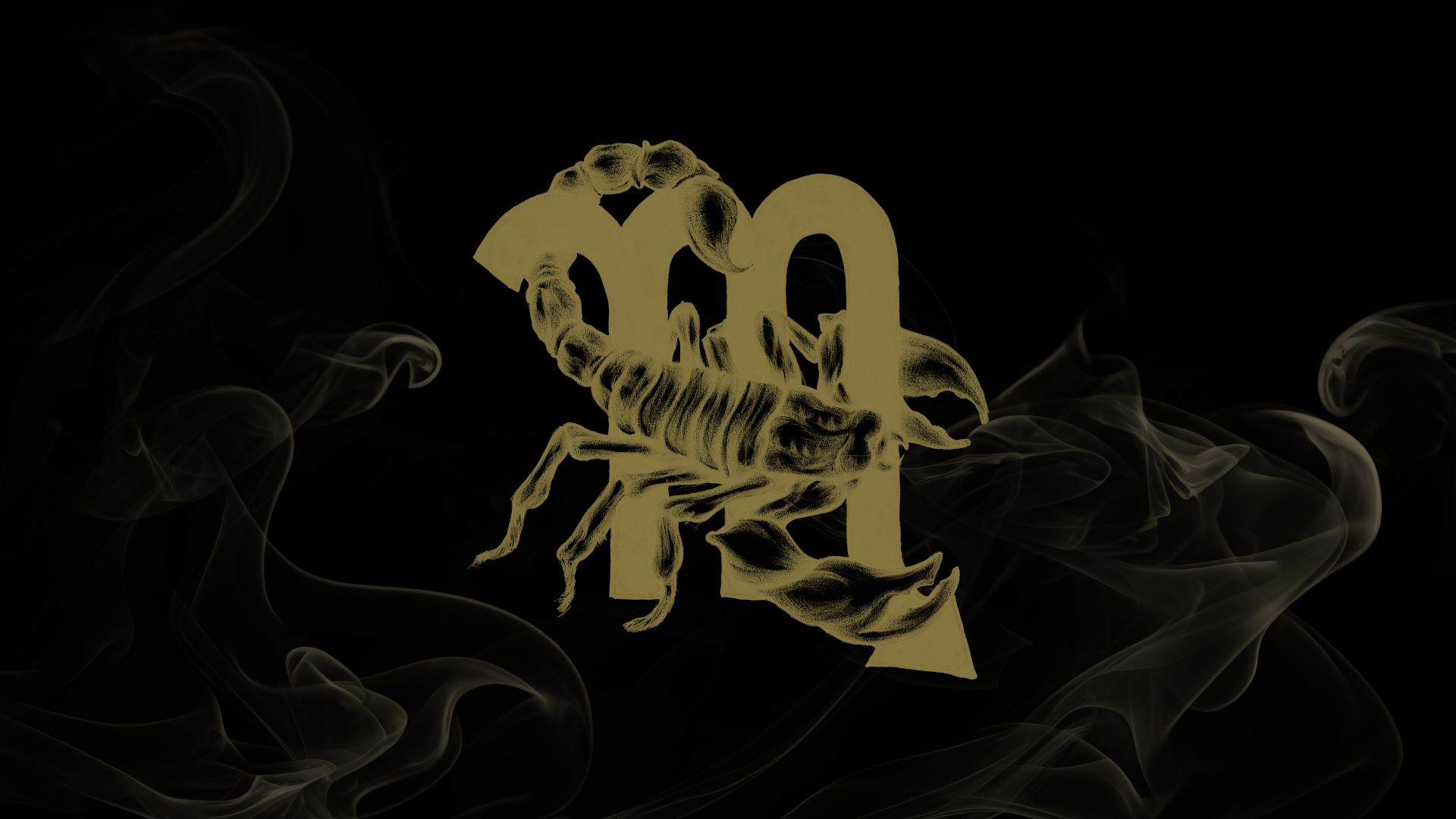 Gold Scorpio symbol with scorpion on black background