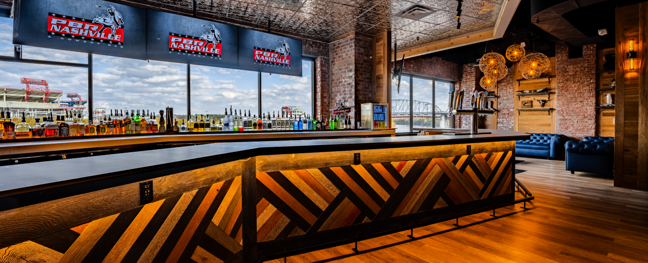 PBR Cowboy Bar back bar with views of Tennessee River