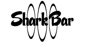 Shark Bar black text over three black ovals.