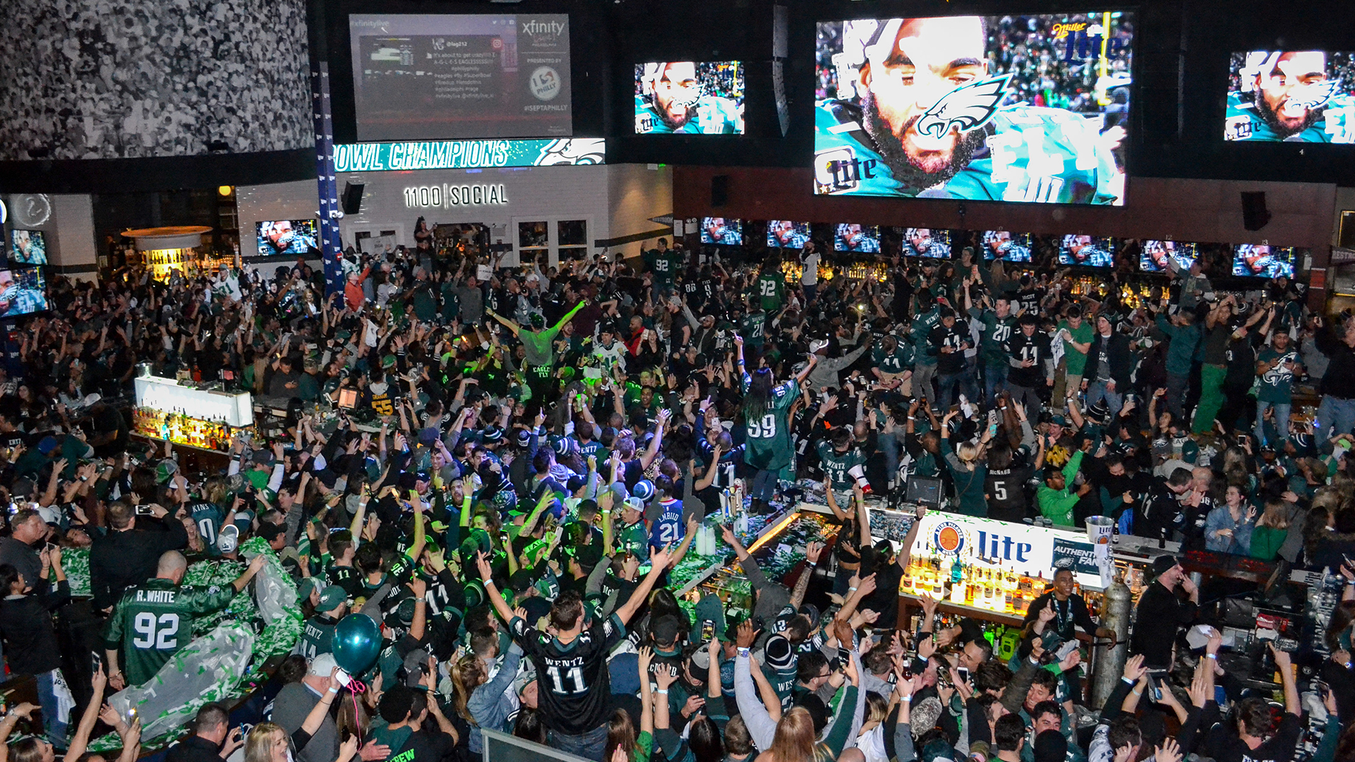 Live! Arena packed full of Eagles fans for game watch on big screen TVs.