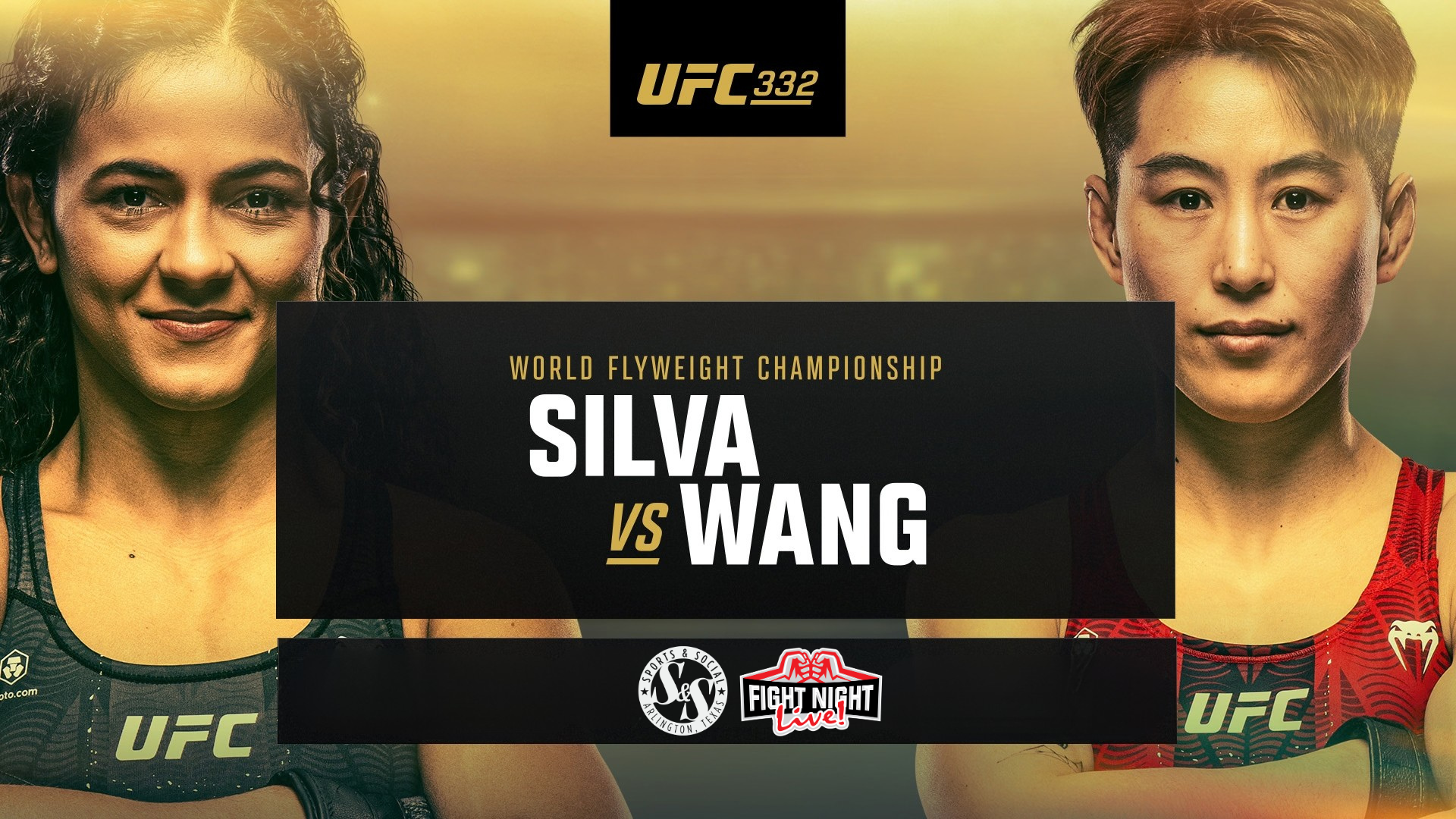 UFC 332 f;yer for the world flyweight championship with silva vs wang and two girls smiling 
