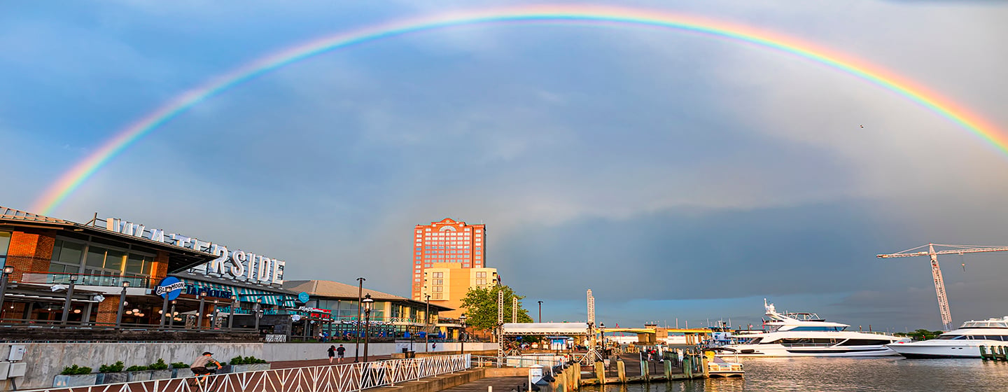 Waterside District waterfront and rainbow