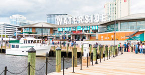View of Waterside District exterior from dock. 