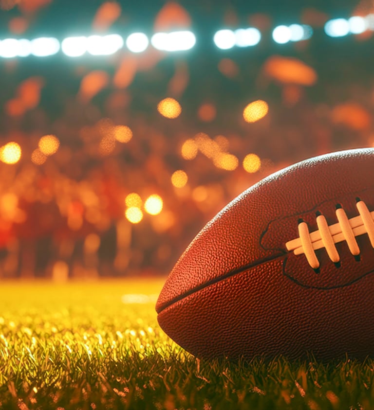 football on a football field, blurred crowd in background
