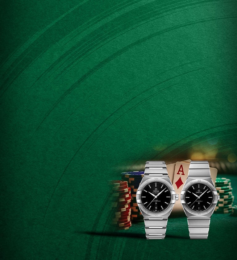 green background with a his/hers watch set in the corner