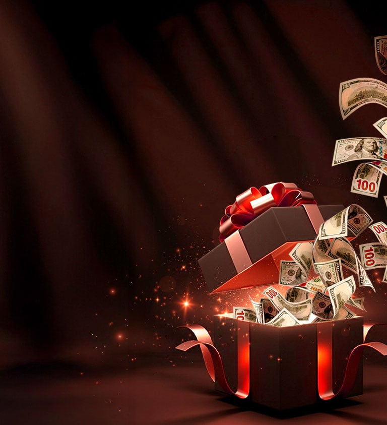 red background with presents exploding money and white text reading win up to 100,000