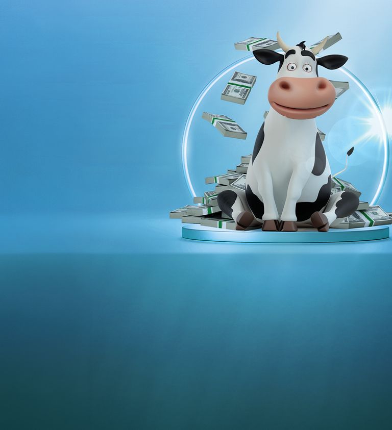 blue background with animated cow in right foreground