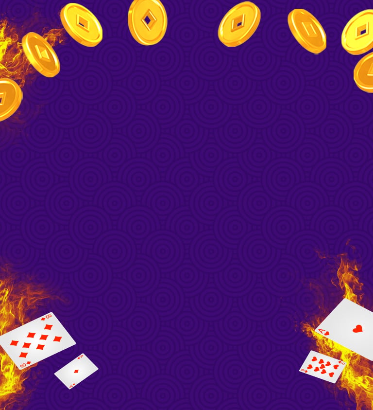 purple background with playing cards and gold coins