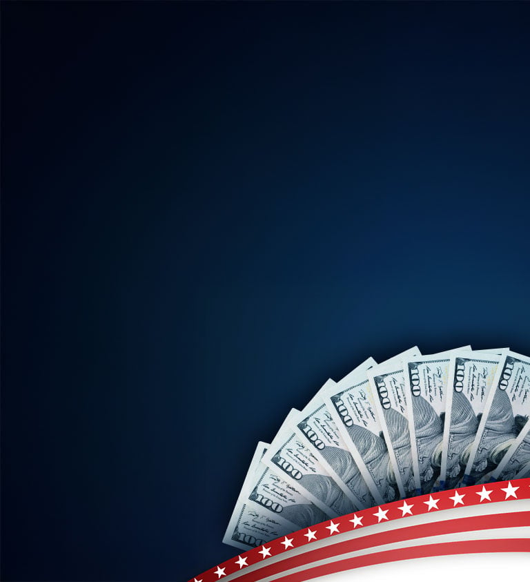navy blue background with white and red emblem in the corner
