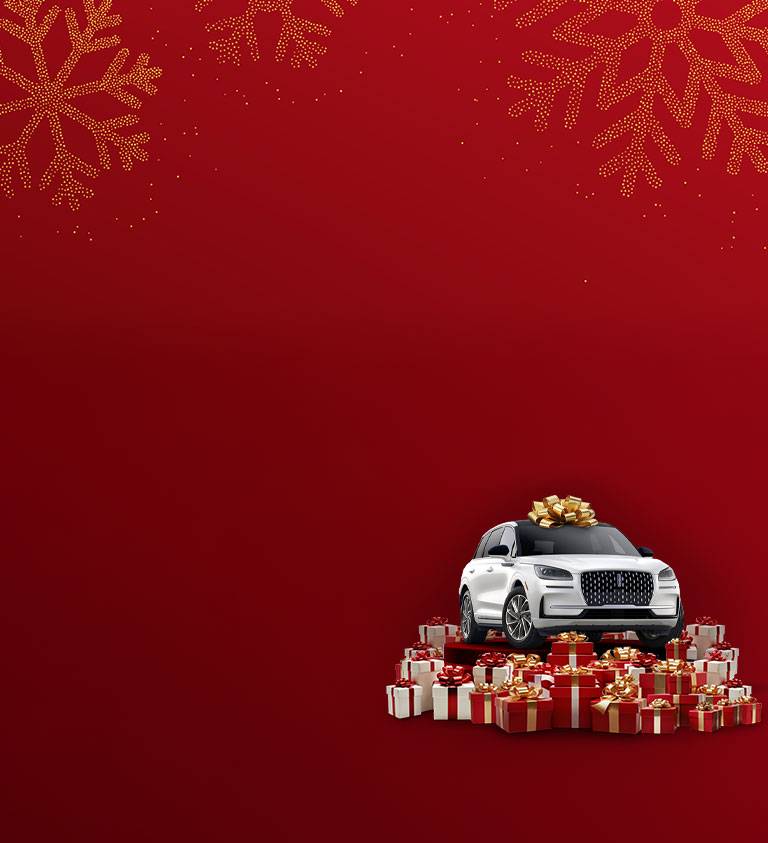 red background with presents and a white lincoln car in the corner