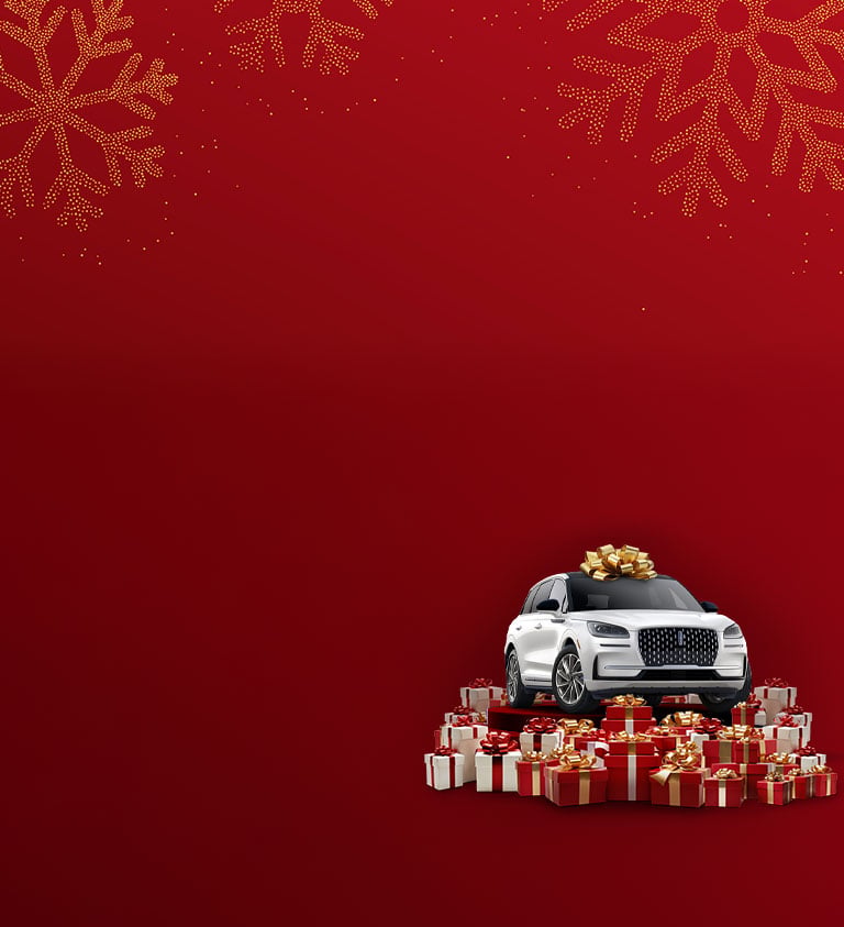 red background with presents and a white lincoln car in the corner