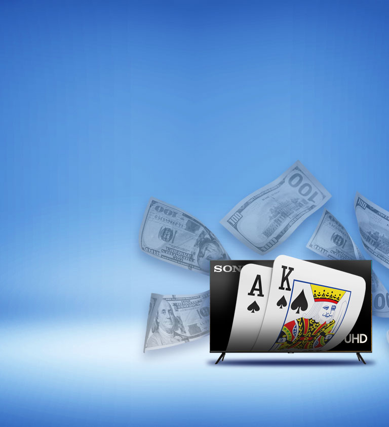 blue background with playing cards and money