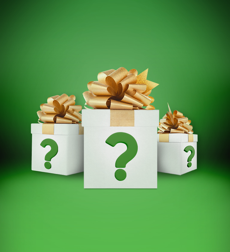 green background with white and gold present boxes with green question marks on them