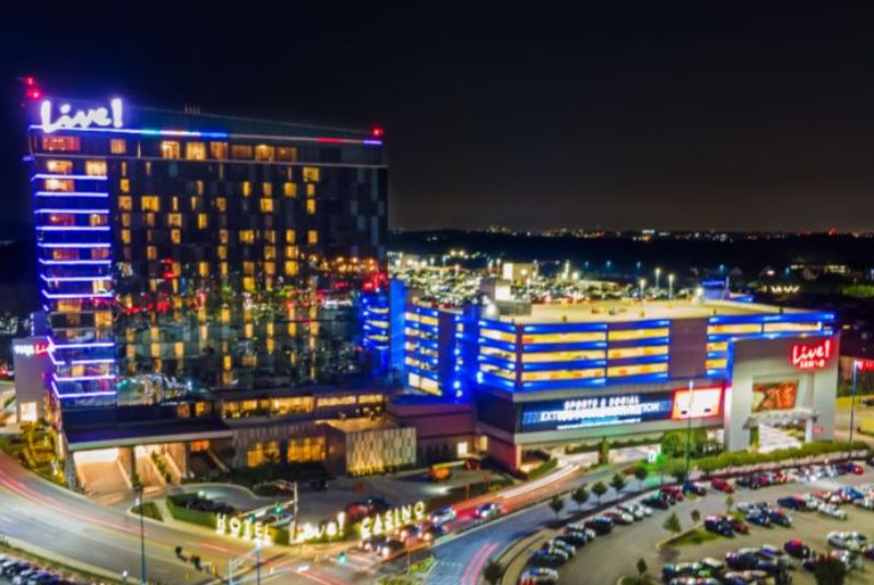 At night, beautiful blue lights illuminate each floor of the hotel and parking garage at Live!'s Maryland casino.