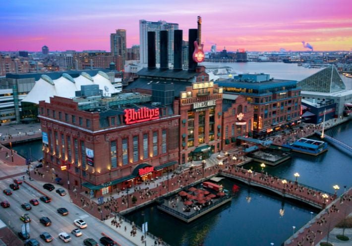 Aerial view of the Power Plant building at dusk