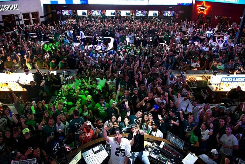 DJs rev up a wall-to-wall crowd of excited Eagles fans inside NBC Sports Arena at Xfinity Live!