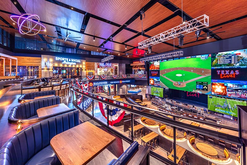 Comfy booths along the balcony offer a perfect view as Ranger and Cowboy games play on big LED screens inside Texas Live! 