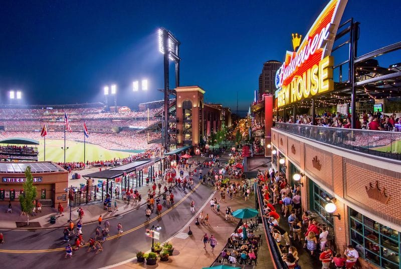 A spectacular night view of Ballpark Village and a packed Busch Stadium from the Budweiser Brew Deck in St. Louis!