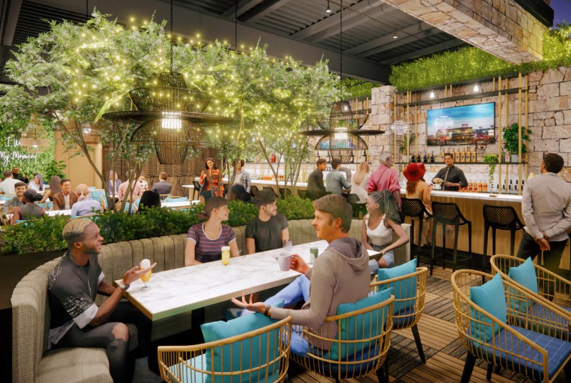 Digital rendering of AVA rooftop bar showing bar, seating and customers.
