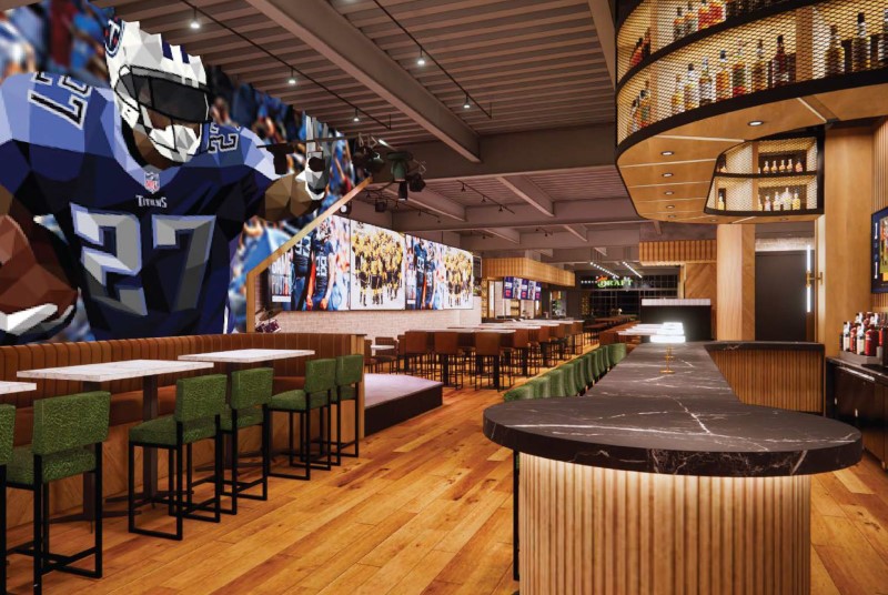 Digital rendering of DraftKings Sports & Social showing bar, seating and wall of TVs.