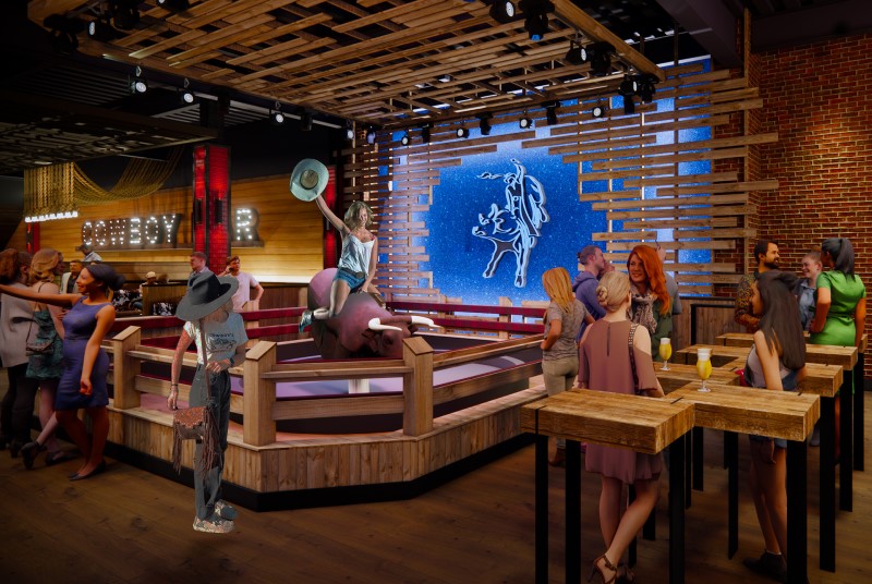 Digital rendering of PBR Cowboy Bar showing high top tables, mechanical bull and customers.