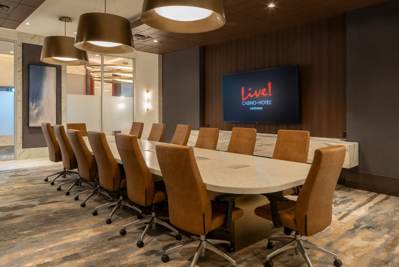 Photo of the Live! Event Center venue at Live! Casino & Hotel Louisiana. Photo features Harbor Room set up for a meeting.