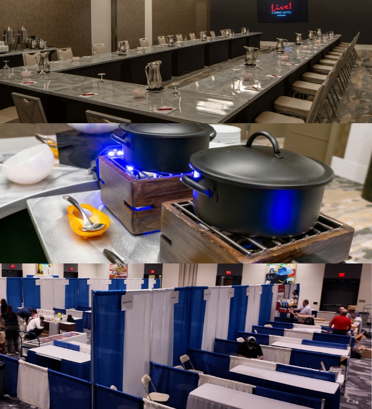 Image of a conference room set-up in a U-shape with an image of some catering food items and a separate Trade show event being set-up