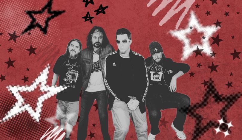 image of red background with stars and the hollow decks band in the middle in black and white