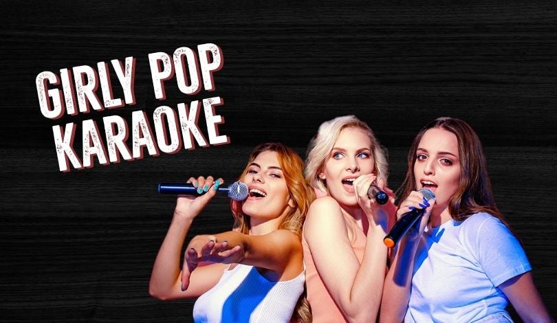 image of three ladies singing karaoke on a wooden background. text reads GIRLY POP KARAOKE