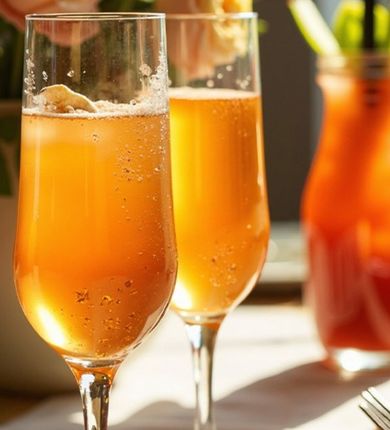 image of mimosas and a bloody mary on a brunch table