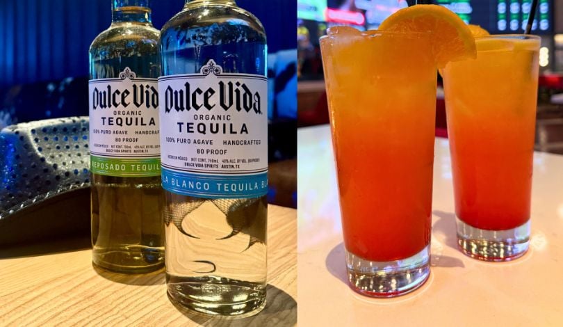 image of two dulce vida bottles, a cowboy hat, and two cocktail glasses with dulce vida tequila sunrises