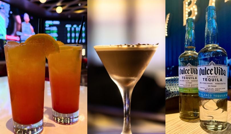 three picture collage with a photo of a tequila sunrise in a tall glass, an espresso martini in a martini glass, and 2 bottles of dulce vida tequila