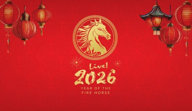 a red background with 3 red lanterns at each top corner, gold text that reads Live! 2026 lunar new year